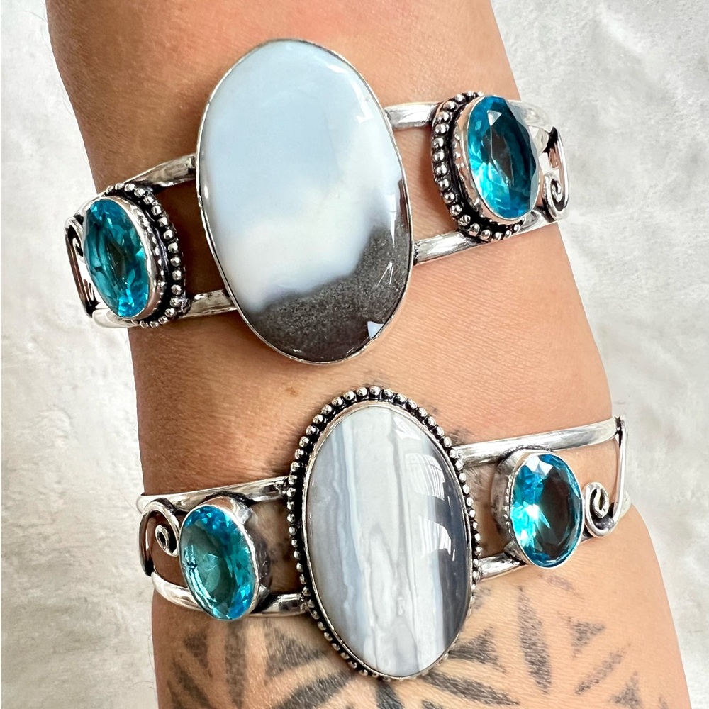 925 Owyhee Opal + Swiss Blue Topaz Cuff Bracelet